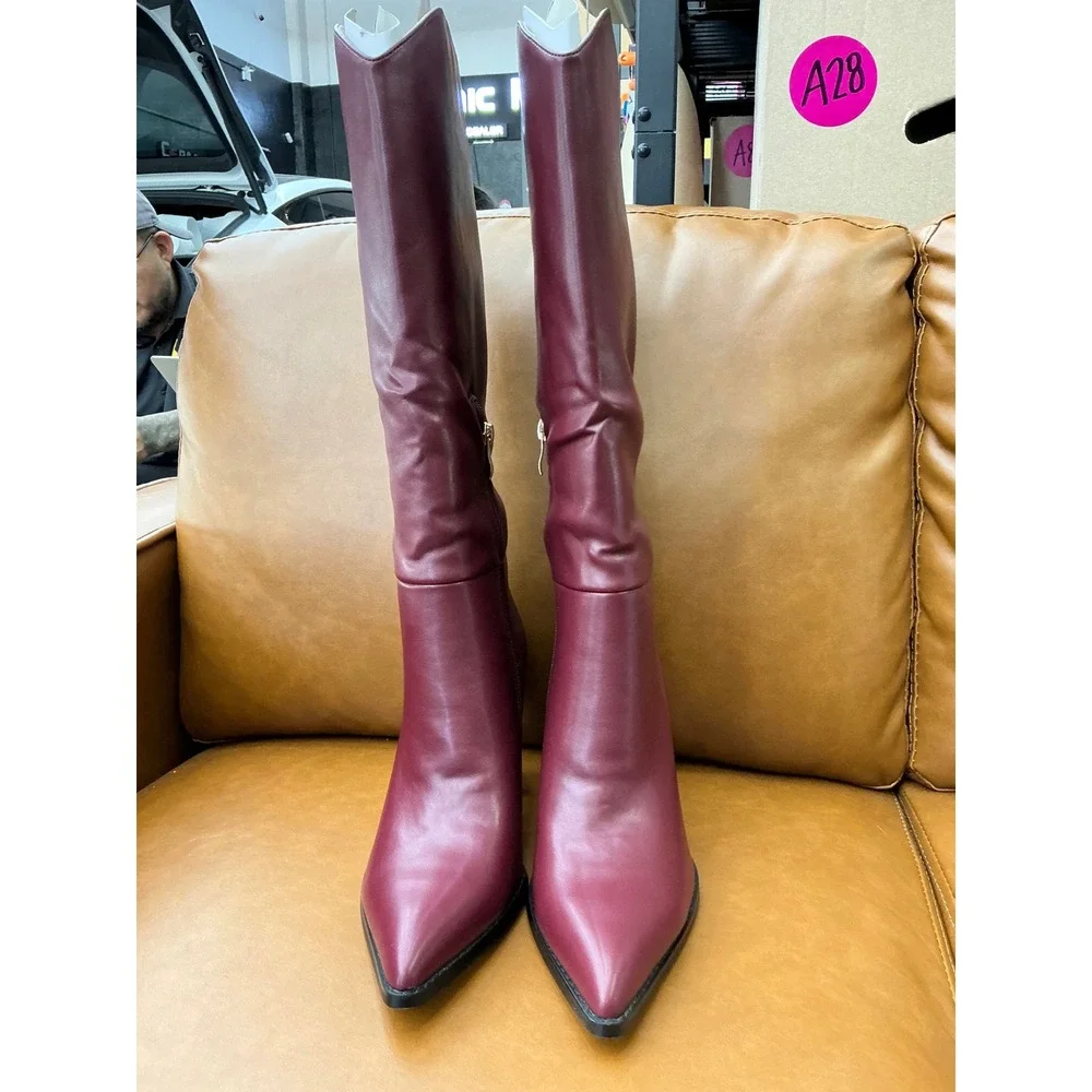 Unbranded Knee High Boots Womens 8.5 Burgundy New Block Heel Pointed Toe Z1329